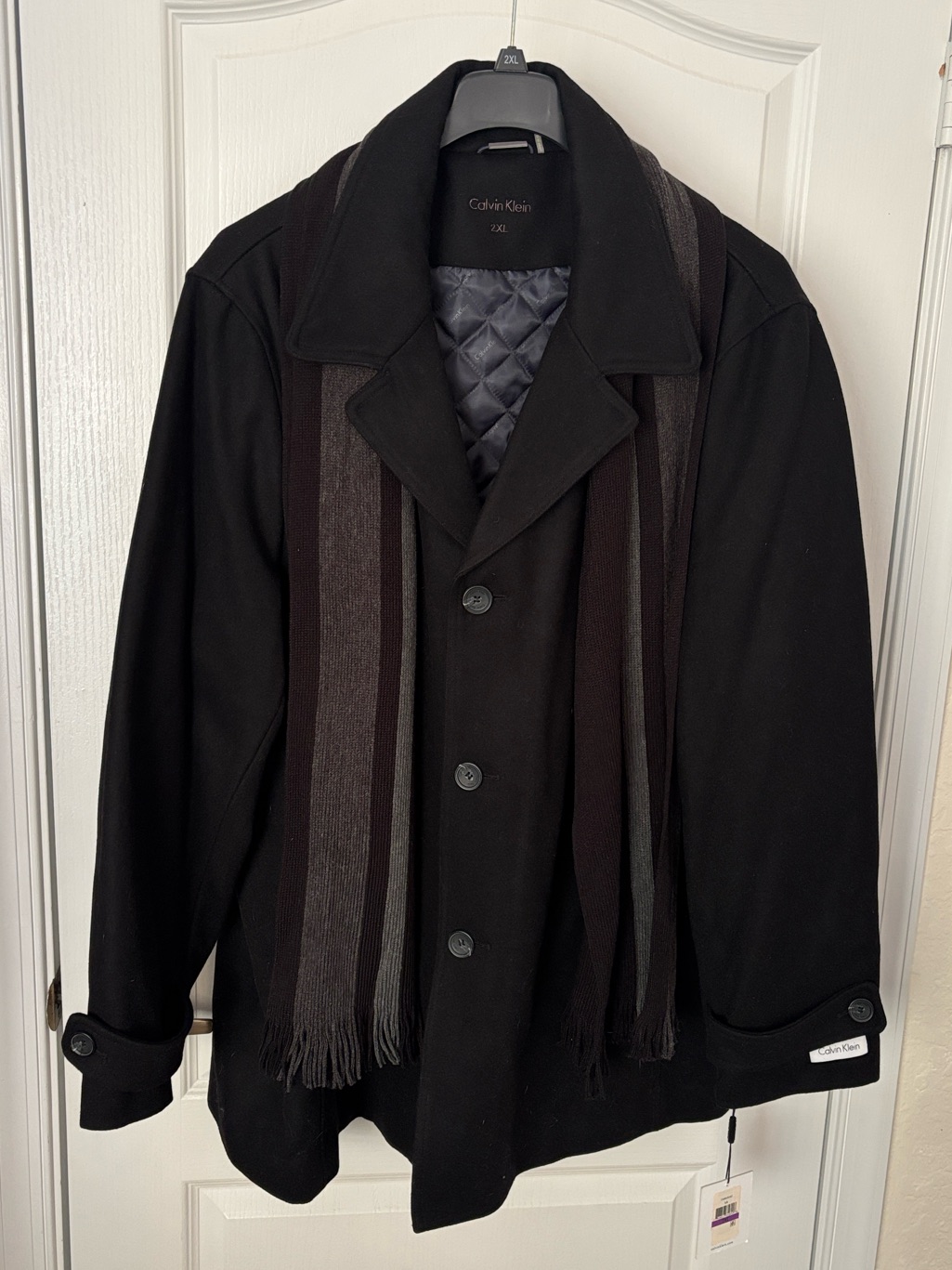 Calvin Klein Black Men's Wool Pea Coat With Attached Scarf